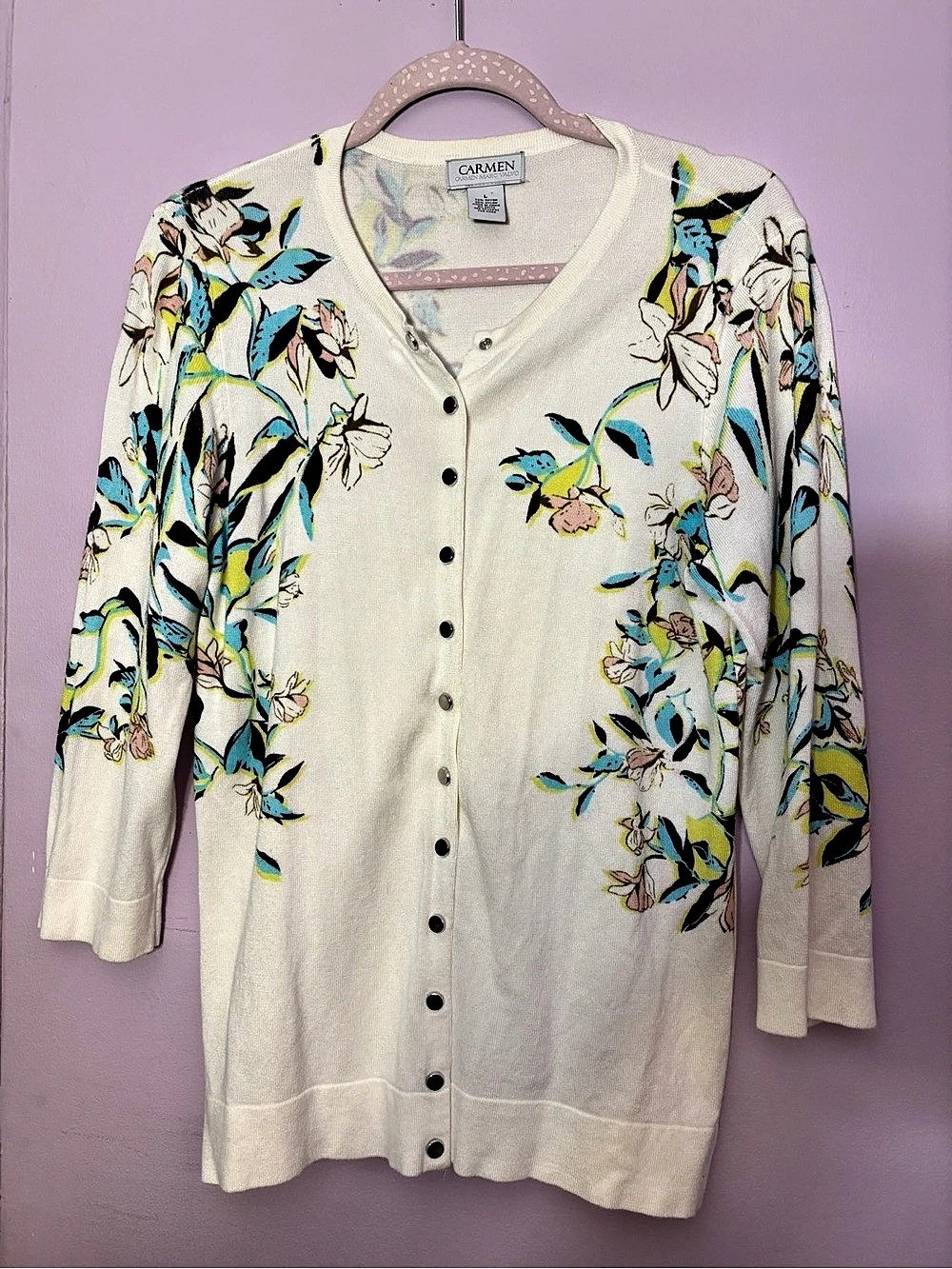 Carmen Floral Button-Front Cardigan in Cream & Blue Like New